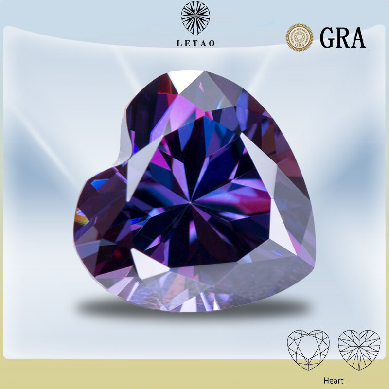حجر المويسانيت المقطوع على شكل قلب ، حجر ينمو في المختبر ، أحجار كريمة VVS1 ، اختبار الماس بالمرور مع شهادة GRA ، اللون الأرجواني الامبرالي