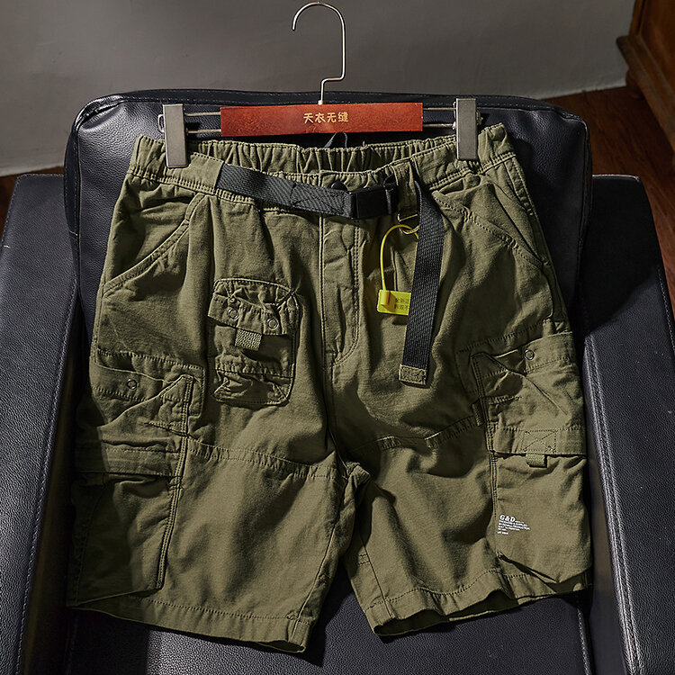 ฤดูร้อนใหม่อเมริกาแบบย้อนยุค Cityboy Cargo กางเกงขาสั้นผ้าฝ้ายล้างสบายๆกระเป๋า5จุดกางเกงกับเข็มขัด