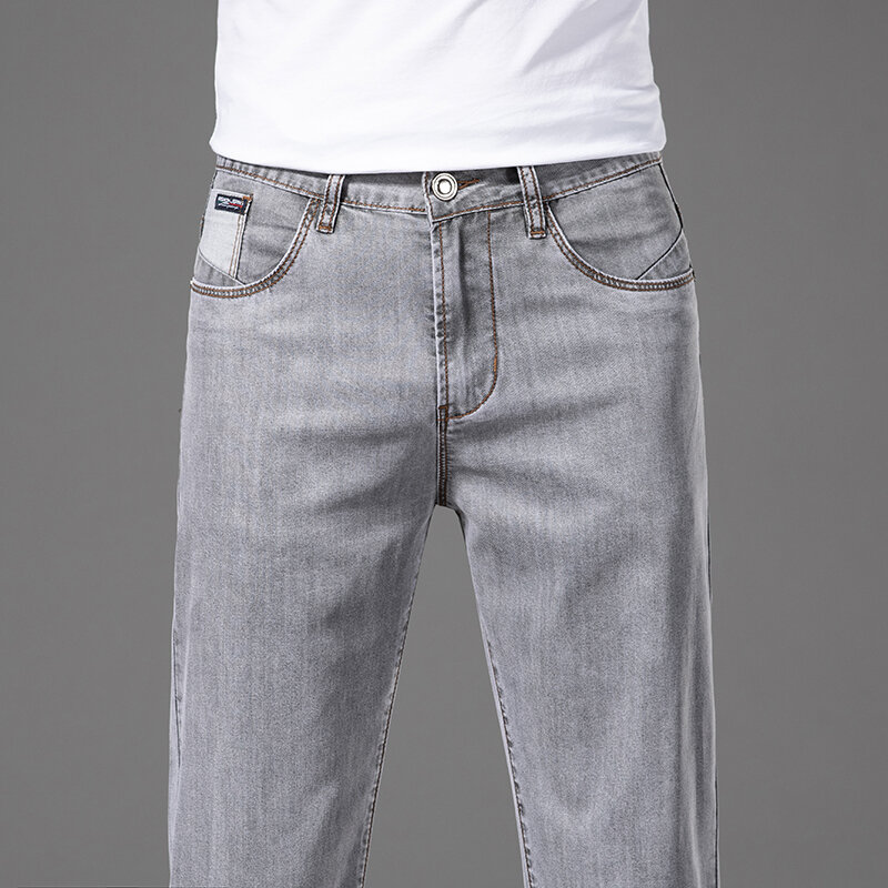 Lyocell กางเกงยีนส์สำหรับนักธุรกิจชายกางเกงยีนส์ตรงระบายอากาศได้ดีผ้าบางสไตล์คลาสสิก celana Panjang Brand