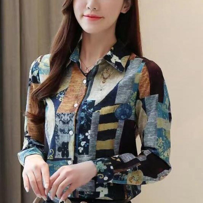 2024 neue koreanische Retro Frühling Frauen Polo Kragen gedruckt Mode vielseitige einreihige Multi-Knopf Langarm lose Hemd Top
