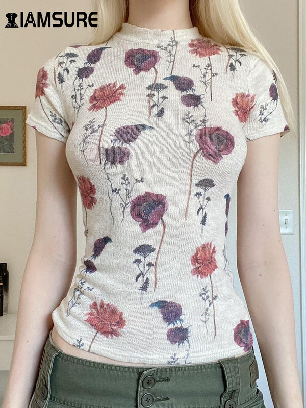 IAMSURE francuski styl koszulka z dzianiny w kwiaty Casual Slim z okrągłym dekoltem z krótkim rękawem koszulki damskie 2024 letnia moda uliczna damska