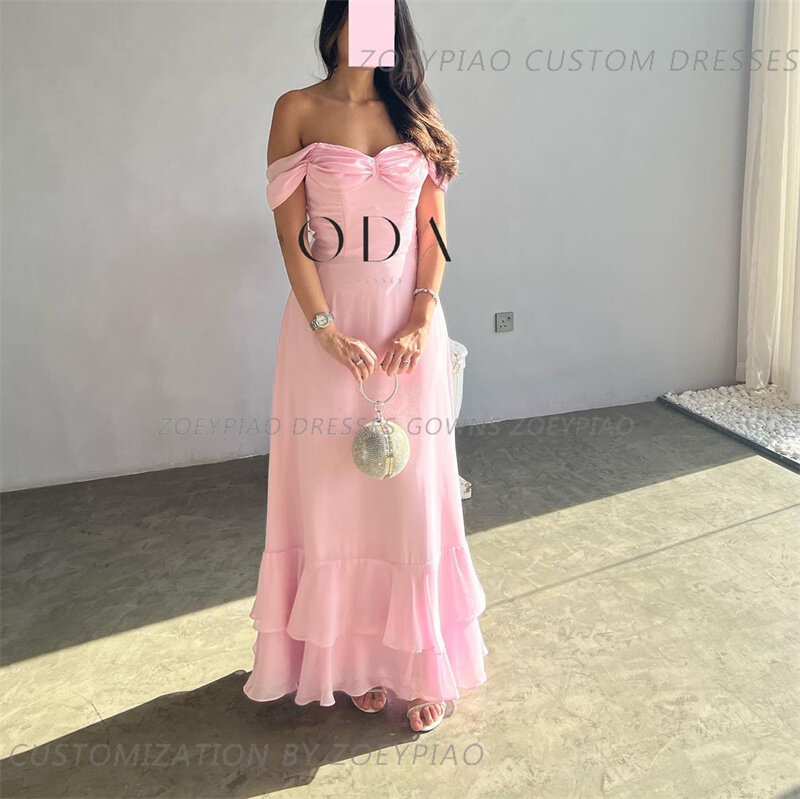 Pink Chiffon Bodycon Prom Dress Ankle Length Pleated Off Shoulder Evening Dress Saudi Arabia Formal Casual Dress Dubai 2024