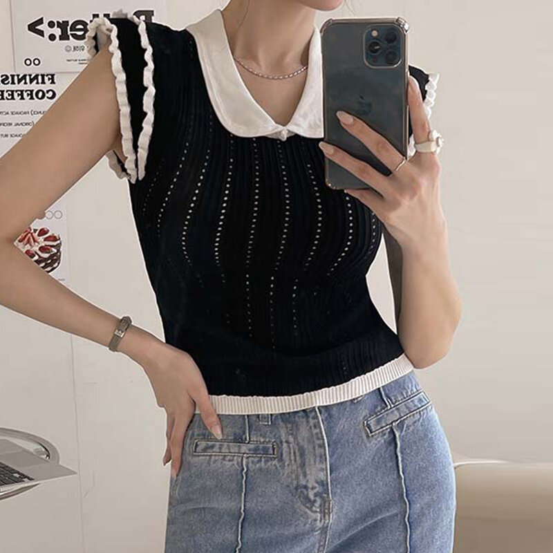 Pink Knit Tops Women 2023 Summer Sleeveless Turn-down Neck Y2k Pullovers Female Hollow Out Korean Fashion Sweater Ladies