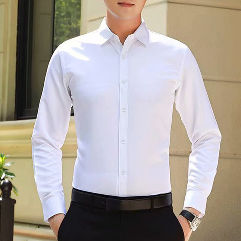 เสื้อเชิ้ตธุรกิจสีพื้นสำหรับผู้ชาย, เสื้อเชิ้ตแขนยาวสีขาวลำลองเข้ารูปลำลองสีขาวแบรนด์เสื้อผ้า S-5XL