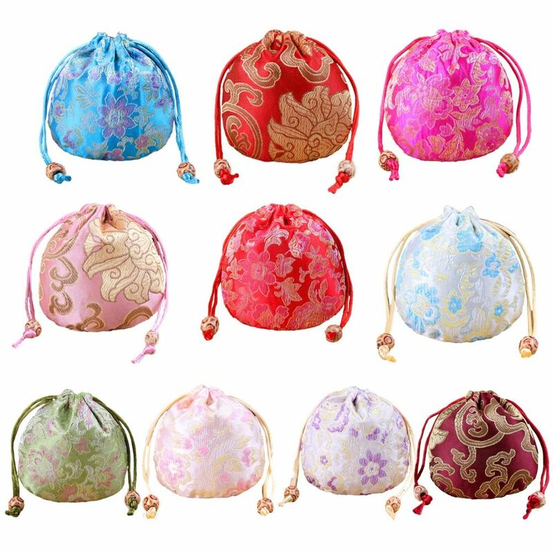 Floral Embroidery Flower Drawstring Bag Jewelry Packing Bag Beaded Small Coin Purse Wallet Hanfu Wrist Bag Ethnic Style