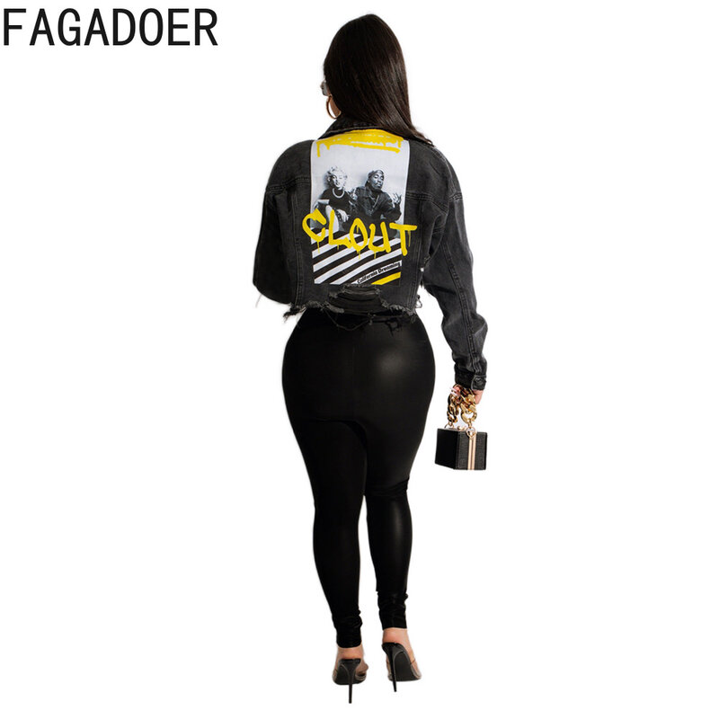 FAGADOER-Jaqueta jeans de manga comprida feminina, estampa vintage, lapela, casacos de botão, tops de streetwear, casual, moda de rua, outono, Y2K