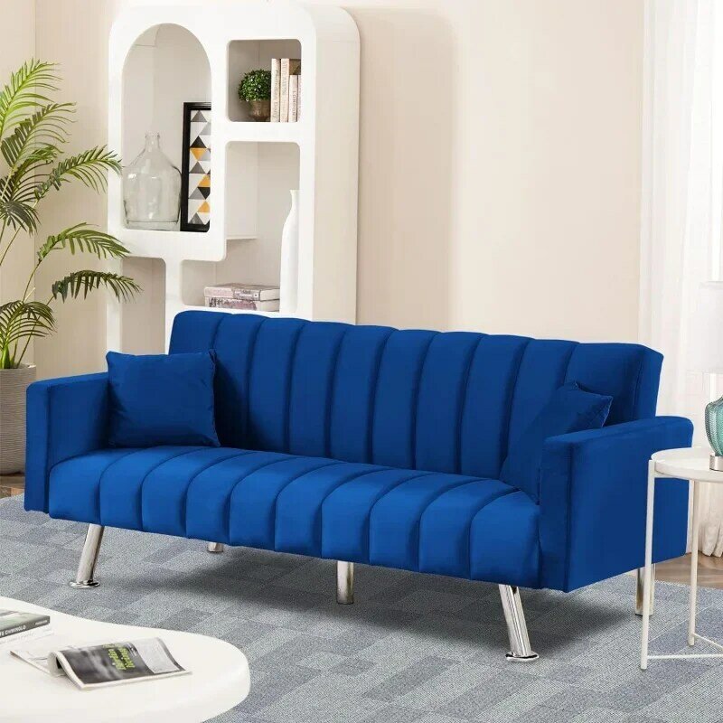 أريكة نوم مخملية حديثة مع إطار خشبي وساق معدنية ، سرير أريكة منجد ، وسائد قابلة للتحويل