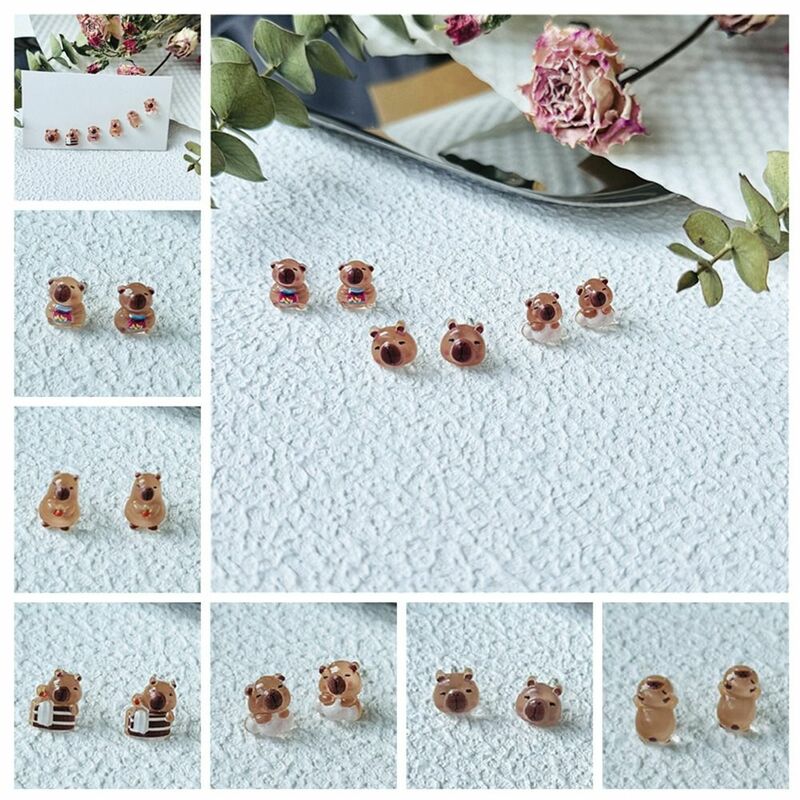 Orecchino a bottone trasparente Capybara Retro fatto a mano in stile coreano Mini orecchini a bottone accessori per gioielli decorazione del fumetto
