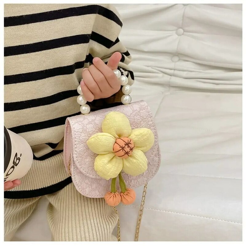 女の子のためのPUミニショルダーバッグ、パール財布、小さなサッチェル、花、新しい