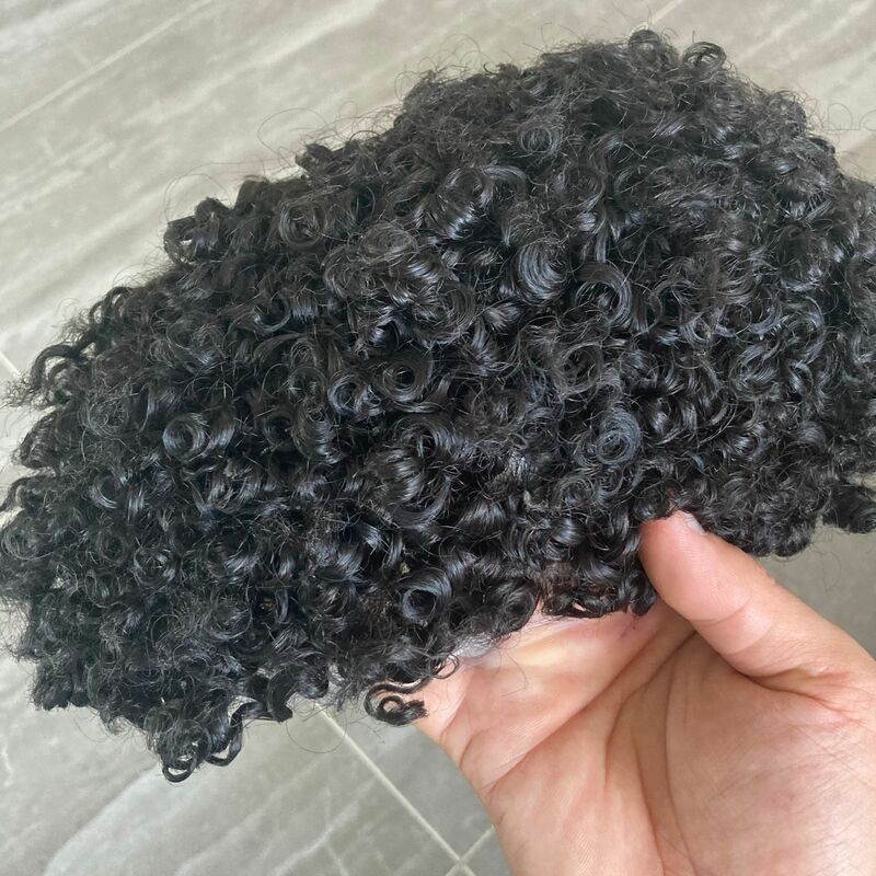 Хороший натуральный человеческий 15 мм кудрявый мужской парик прочная тонкая кожа на полной ПУ основе мужской протез волос система естественных волос