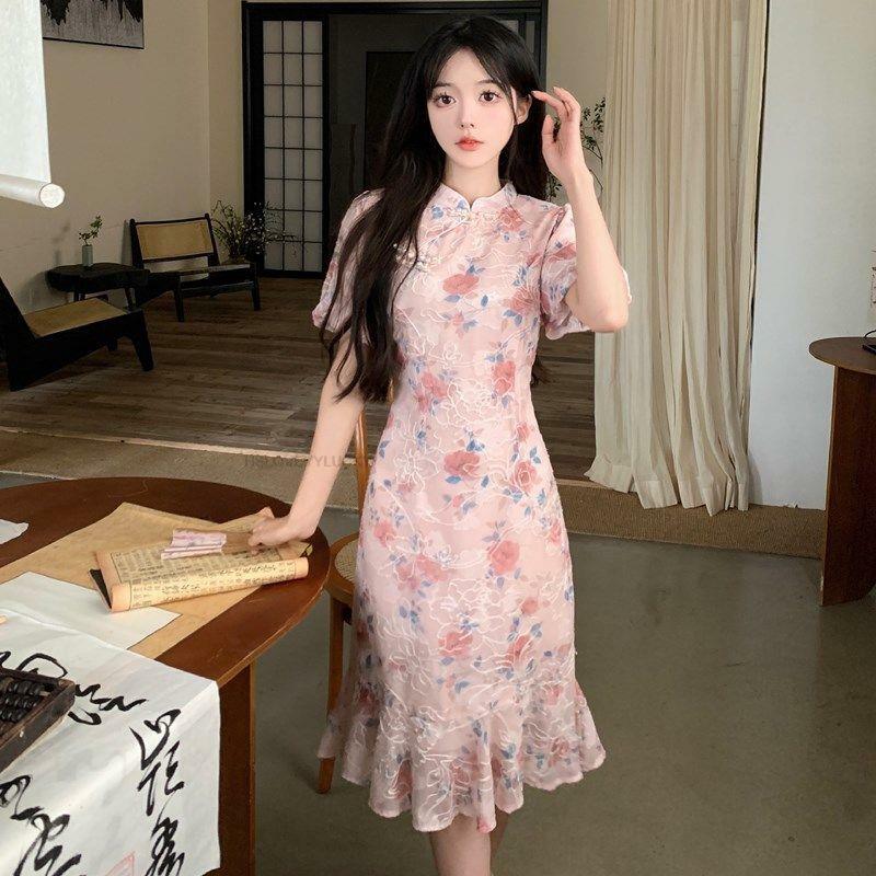Женское восточное платье-Ципао, элегантное ТРАПЕЦИЕВИДНОЕ ПЛАТЬЕ в китайском стиле с цветочным принтом