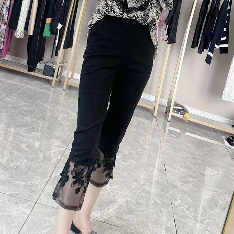 Solid Color Thin Slim Ladies Pencil Summer Fashion Patchwork Lace Hollow Out High Waist Women's Clothing Black Calf-Length Pants