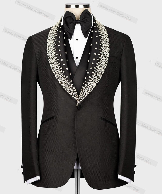 ชุดสูทสูทสำหรับผู้ชายประดับคริสตัลสีดำเสื้อเบลเซอร์ + กางเกงแจ็คเก็ตสั่งตัดแบบทางการสำหรับงานพรอมเจ้าบ่าวงานแต่งงานทักซิโด้โค้ทแจ็คเก็ต
