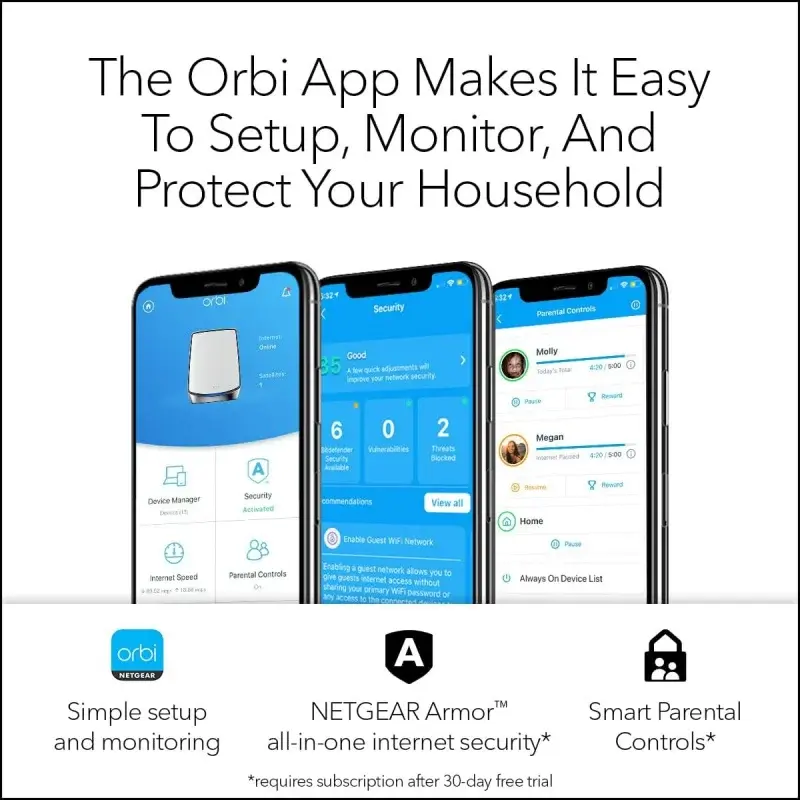 NETGEAR Orbi 전체 홈 트라이 밴드 메쉬 와이파이 6 시스템 (RBK852) -위성 확장기 1 개 포함 라우터 | 최대 5,000 sq. ft.