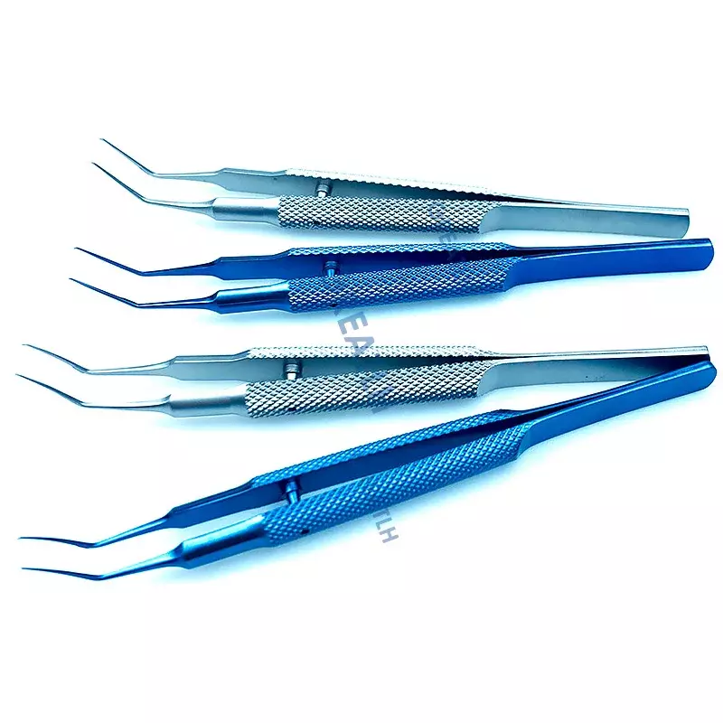Fórceps de titanio utratata Capsulorhexis, instrumento quirúrgico oftálmico de ángulo curvo de 105mm de largo