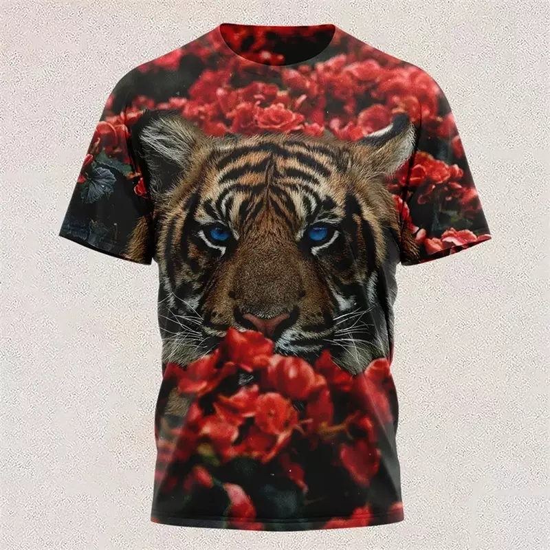 Tigre colorido gráfico t-shirt de manga curta, pescoço em O, impressão 3D, camisas casuais diárias, roupas extragrandes, novo