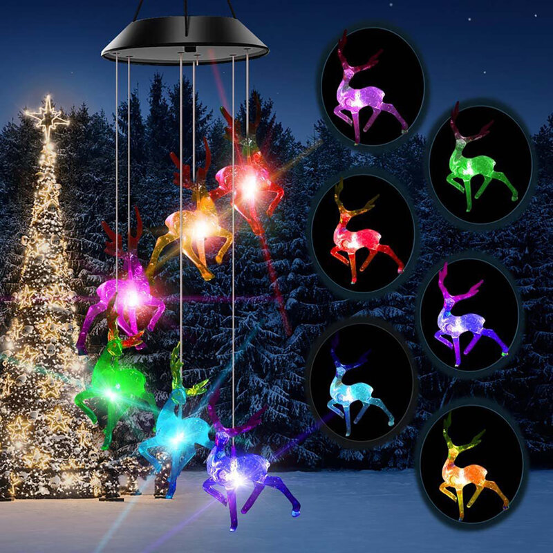 Luces solares de Navidad para exteriores, carrillón de viento de ciervo, Reno LED impermeable, decoración de Navidad, luces móviles para Patio, jardín, hogar