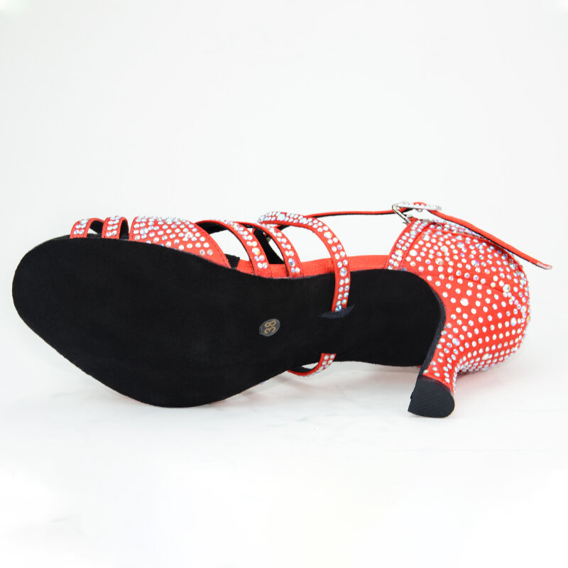 Venus Lure Customized Satin Red Dance Sandals com Pedras, 7.5cm, Frete Grátis