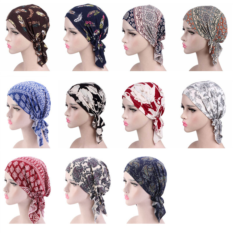 2021 New Fashion Print donna Turbante cappello morbido elastico fiori signora copricapo musulmano avvolgere la testa sciarpa Hijab Caps Turbante femminile