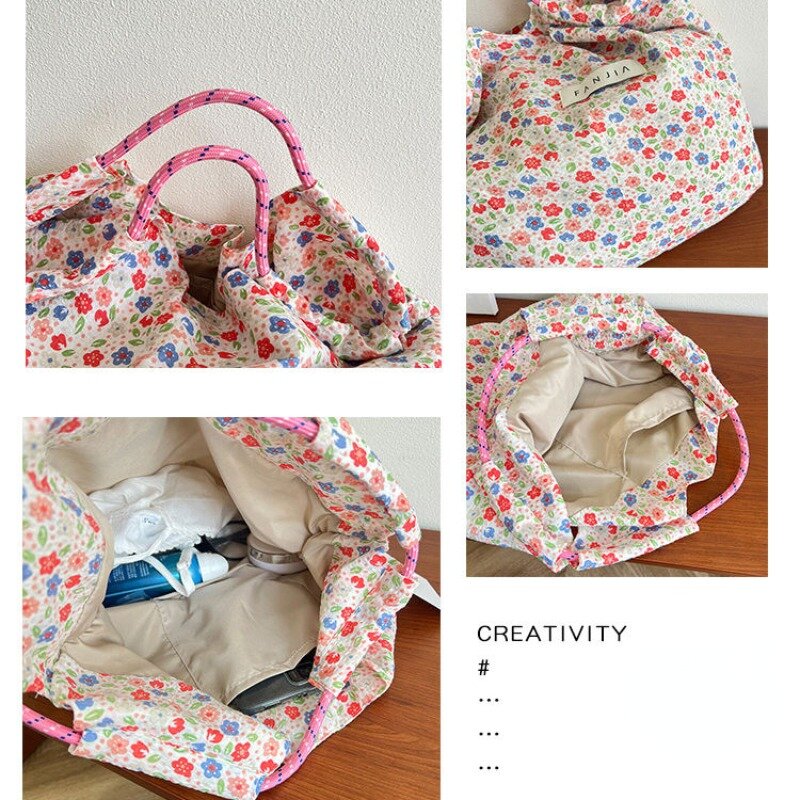 Korean Version Ins Floral Cloth Bag Large Capacity Folding Portable Canvas Bags Women Summer Thin Beach Bag Fashion Shopping Bag