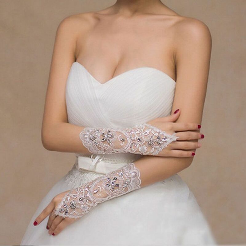 Popular Bride Wedding Dress Beads Rhinestone Short Gloves Fingerless Gloves Lace
