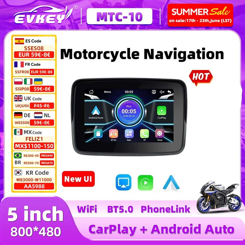 EVKEY Monitor portabel motor, layar tampilan mobil Android tanpa kabel navigasi antiair
