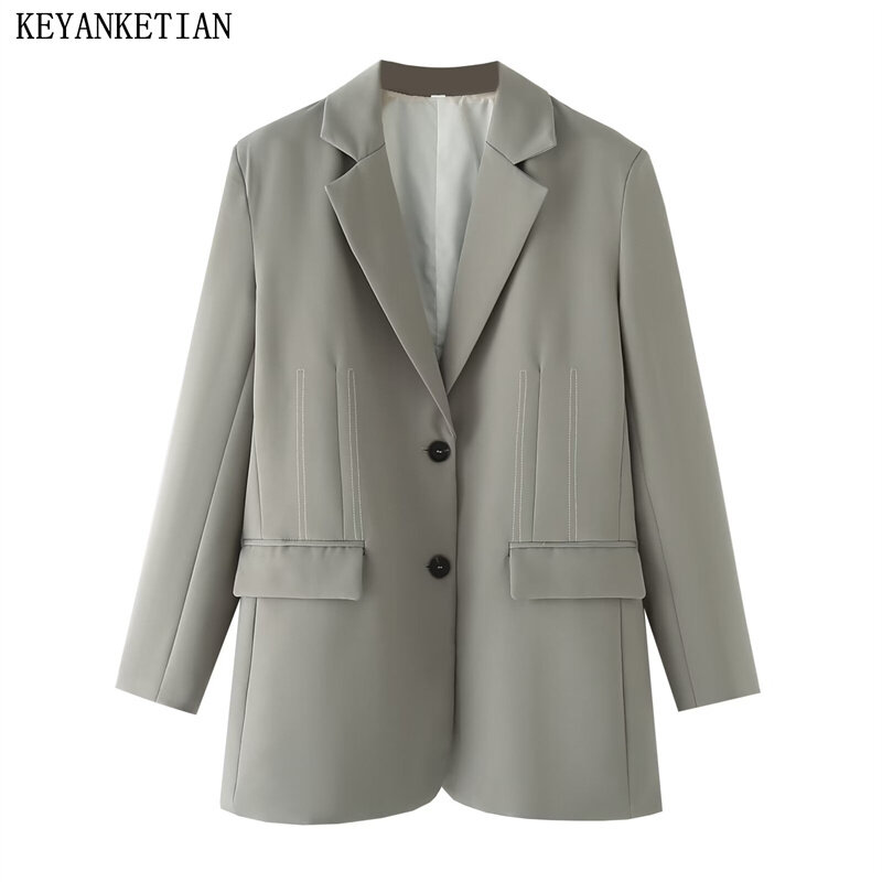 KEYANKETIAN-traje gris de oficina para mujer, ropa de exterior de ocio con bolsillos y solapa, decoración de líneas brillantes, novedad de 2024