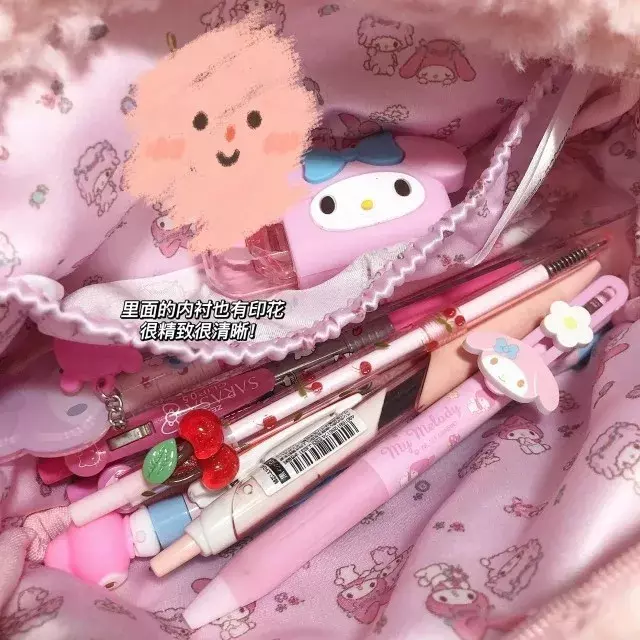 Sanrio Melody Lápis Bag para Meninas, Plush Anime Papelaria Suprimentos, Kawaii Kuromi Cinnamoroll, Coréia Japonesa Ins Cosmetic Bag, Presente