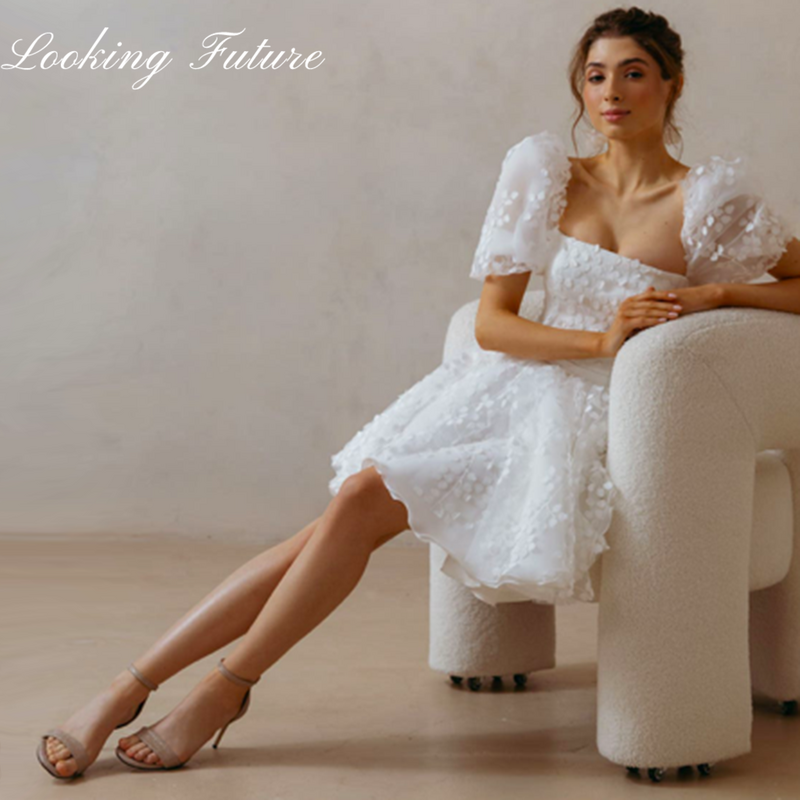 Koronkowy Mini krótkie suknie ślubne sznurowany bufiasty bufiaste rękawy kwadratowy dekolt wesele suknie z linią bez pleców Vestido de Novia 2024