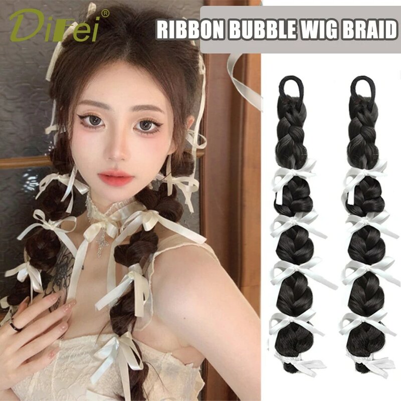 Wig Braid Female Synthetic Hair Natural Ribbon Bubble Braid Ballet Style Double Ponytail Boxing Braid Ins Style