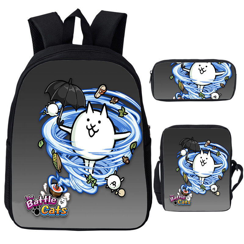 Juego de 3 piezas mochila The Battle Cats para niños y niñas, mochilas escolares impermeables, mochila de Anime, paquete de bolsa Softback para adolescentes