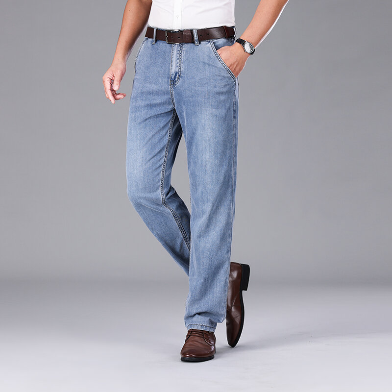 Jeans d'été fins pour hommes d'âge moyen, pantalons de glace respirants, taille haute, droits, adaptés au bureau d'affaires