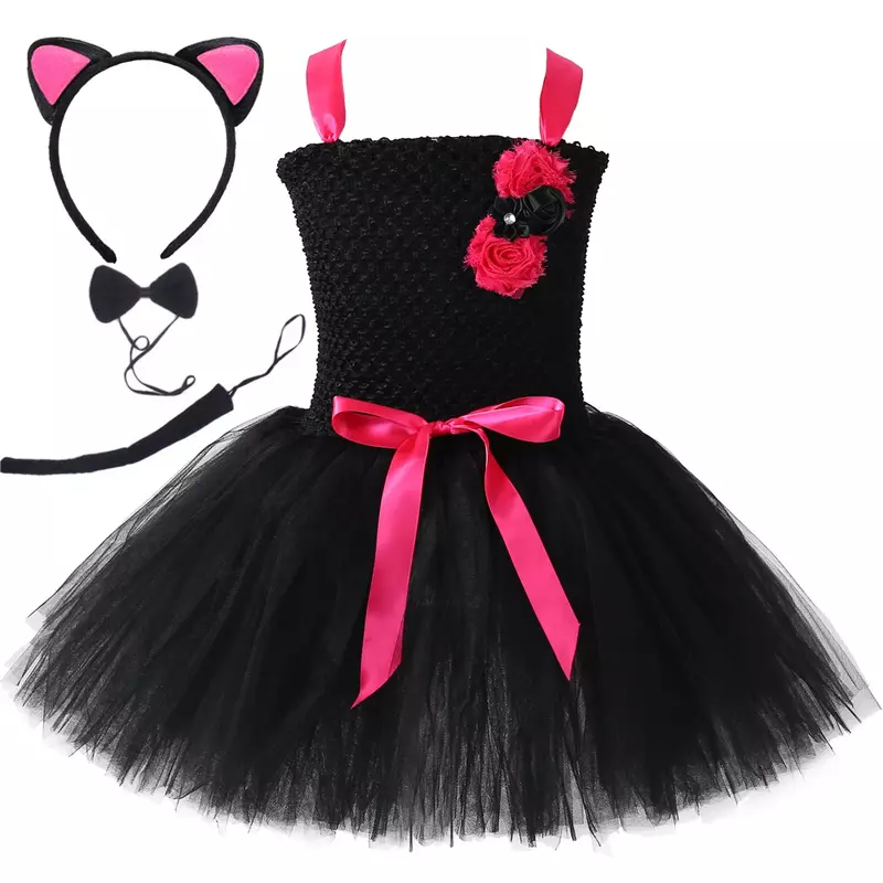 Zwarte Kat Kostuum Voor Meisjes Peuter Verjaardagsfeestje Fancy Tutu Jurk Haarband Tie Tail Kids Halloween Kostuums Kinderen Kleding
