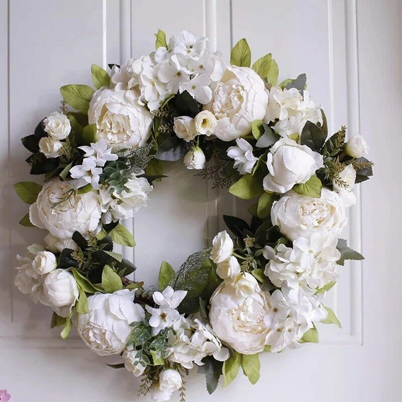 Quality Artificial Garlands Front Door Wreaths, Artificial White Peony Hanging Wreath For Home Party Indoor Outdoor Window Wall