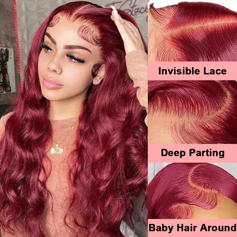 Peluca Frontal de encaje Borgoña 99J para mujer, cabello humano ondulado 13x4, prearrancado, color rojo, 13x6, HD