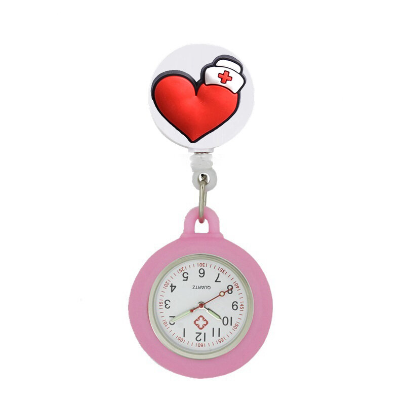 YiJia Cartoon Red Heart Nurse Pocket Watch Retractable Badge Reel Medical Cute Reloj with Silicone Case