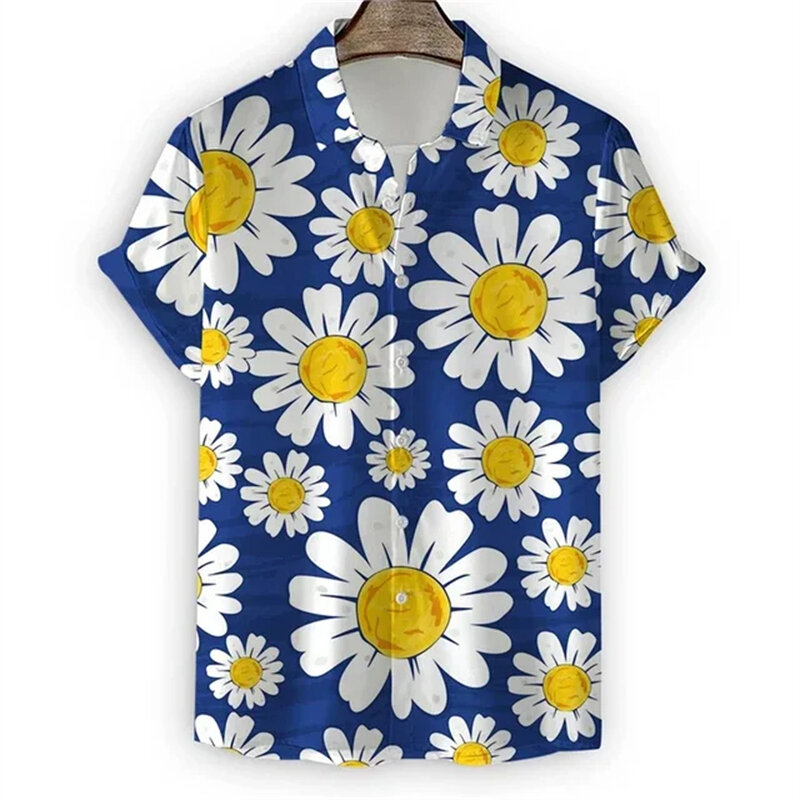 Camisas con estampado 3d de crisantemo para hombre, camisa hawaiana de manga corta, camisas de playa informales, blusa de un solo pecho, ropa para hombre