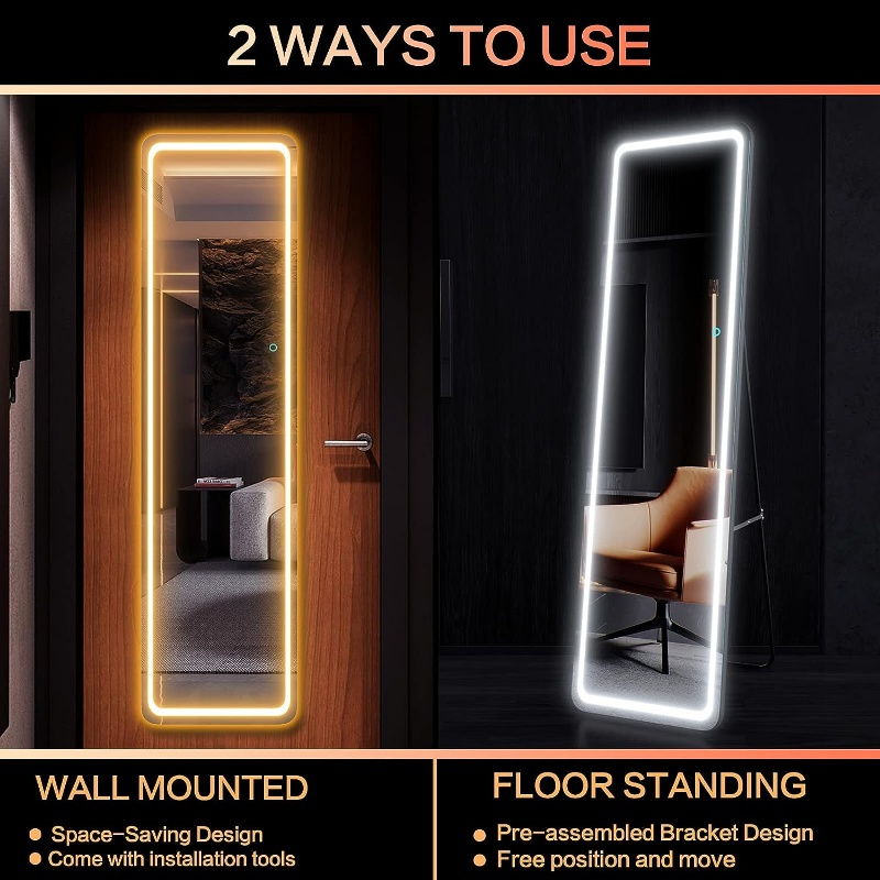 LVZORY-Comprimento total Floor Mirror, LED Escurecimento Luzes, Corpo Espelho, Espelho iluminado, Free Standing Espelho, Quarto Alto, 63 em x 16 em