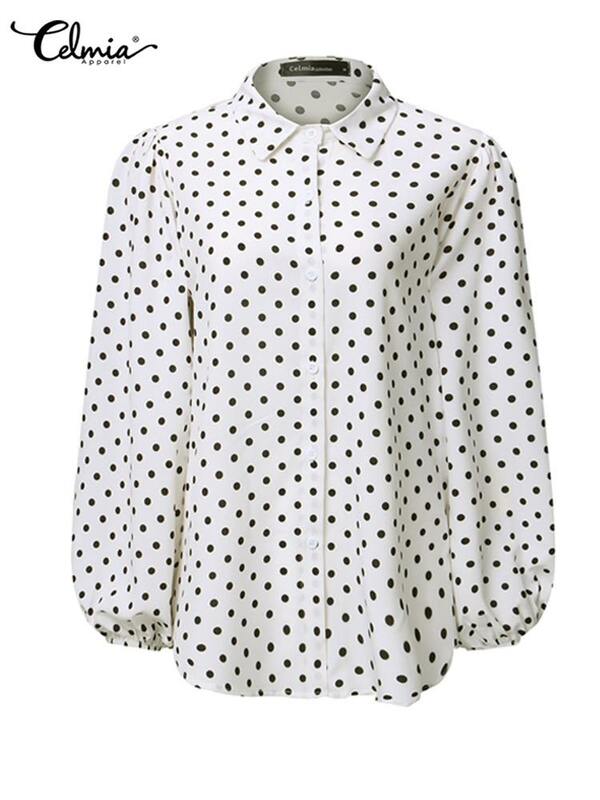 CELMIA-女性用チュニック,白いシャツ,水玉模様,エレガント,ボタン,長い,ランタンスリーブ,イブニングトップ,夏,トレンド2022