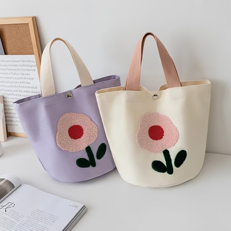 حقيبة يد بطباعة زهور ، حقيبة دلو قماشية صغيرة ، حقيبة تخزين محمولة للسفر في المكتب والمدرسة