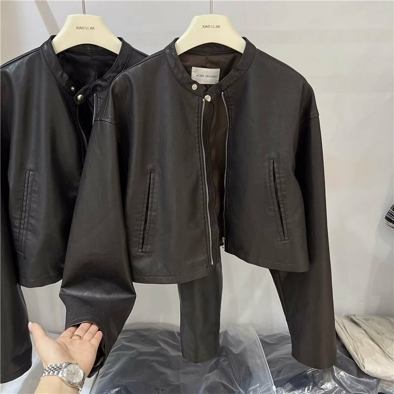 Jaqueta de couro preta feminina, top curto, coreano, elegante, retro, motocicleta, início do outono, novo