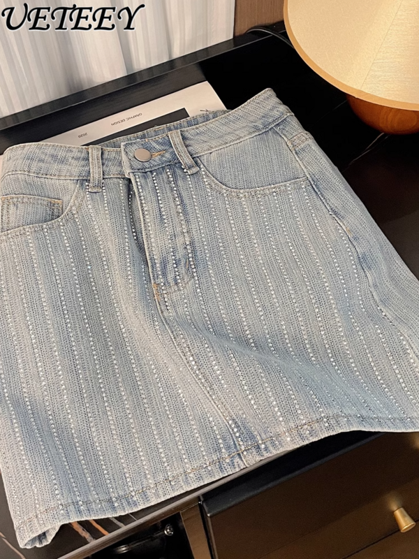 Saia jeans retrô brilhante com strass feminina, cintura alta, linha A, enrolada no quadril, minissaias, primavera e verão