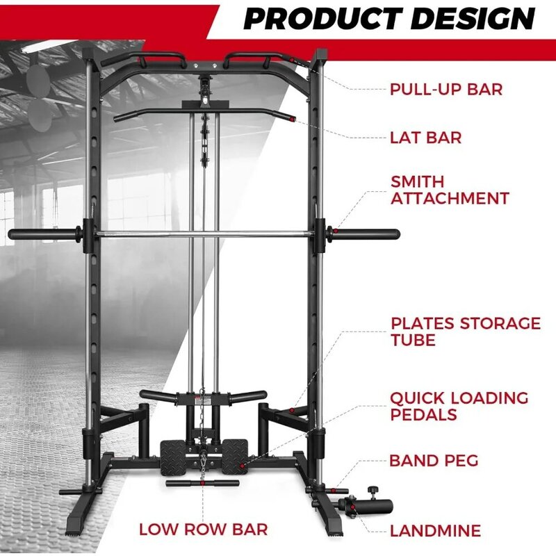 Smith Machine Power Rack with LAT-Pull Down System, Landmine, Barbell Bar, Plate Storage Pegs and More Training Attachment