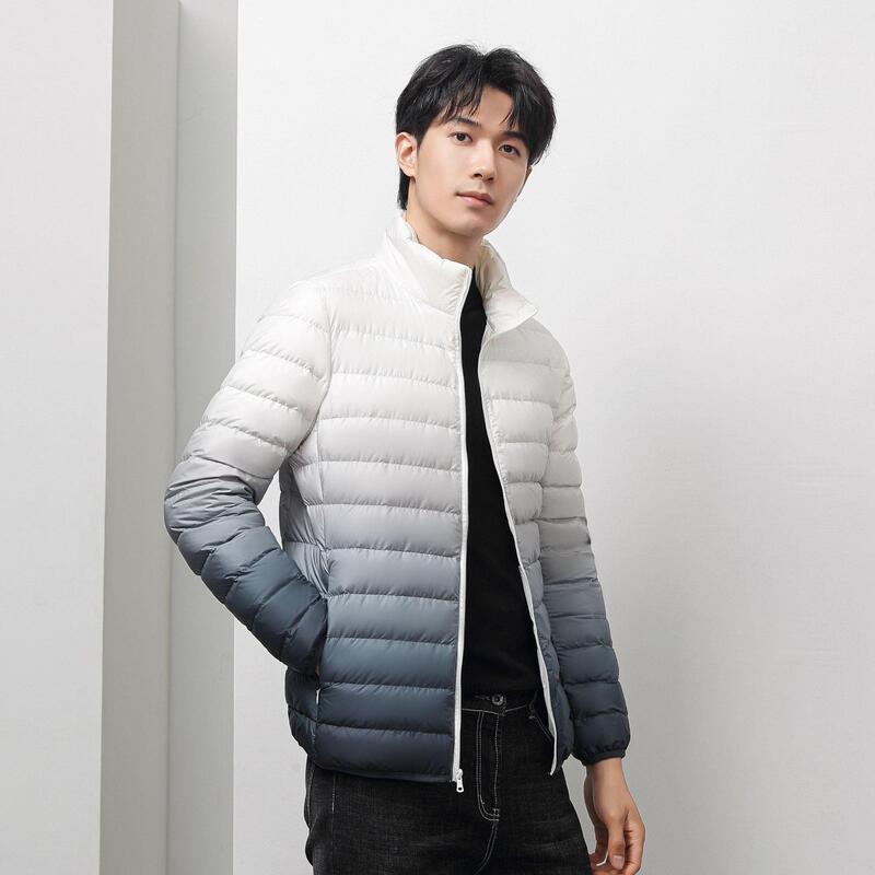Man Fashion Gradient Color Jacket 90% Duck Down Outdoors Ultra Light Stand Collar Jackets Men Stand Collar Coat Outerwear Sporty