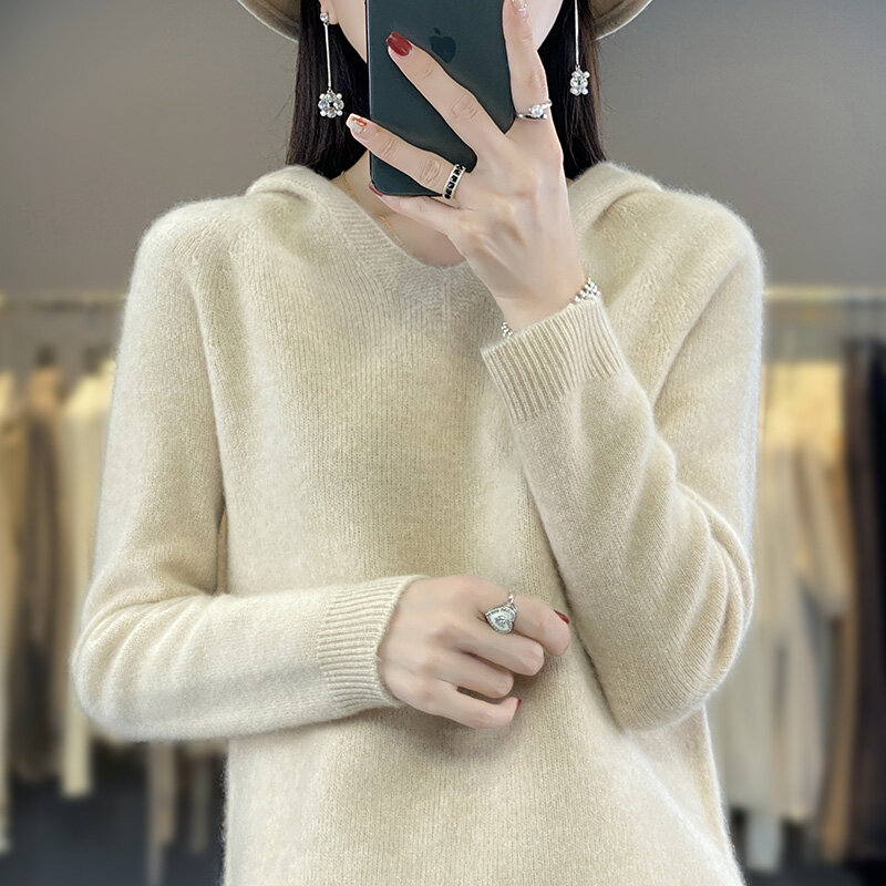 Женский трикотажный пуловер с капюшоном, бесшовный Свободный пуловер с V-образным вырезом, модная верхняя одежда в Корейском стиле, Осень-зима