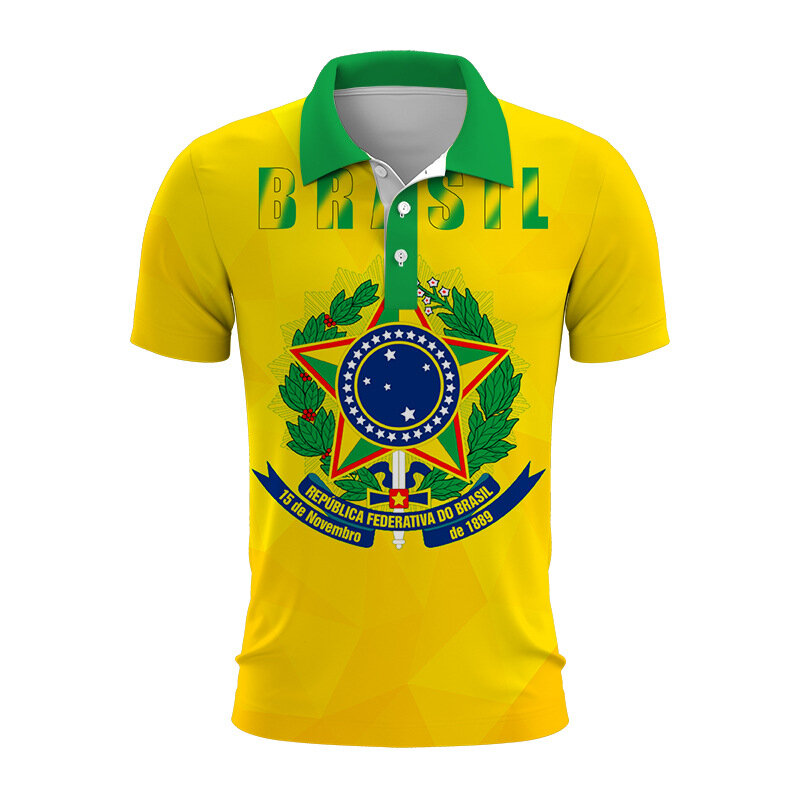 Emblem Nasional Brasil 3d dicetak, kancing bawah kerah Polod untuk pria kasual atasan ukuran besar lengan pendek tren pakaian pria