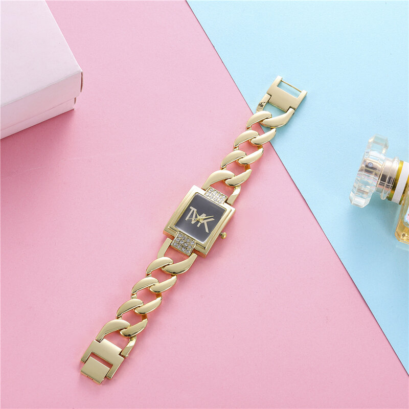 Relógio de Luxo Gold Ladies Brand Watch Fashion Square Com Diamantes Relógios de Quartzo simples femininos Relógio de Vestido de Cinta de Aço Inoxidável