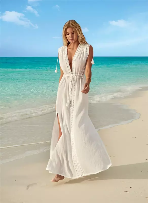 Sommer häkeln weiß gestrickt Strand vertuschen Kleid Tunika lange Pareos Bikinis vertuschen lange gestrickte Bikini Vertuschungen