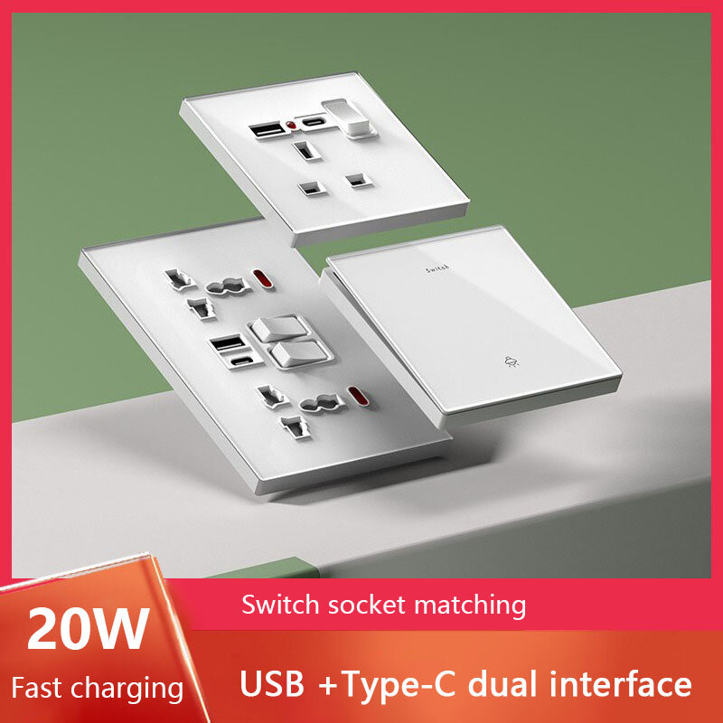 Universal Tempered Glass 20W Quick charge USB Type-c Wall Dual 3pin socket panel,UK 13A Wall 220V 2Way Light Switch power outlet