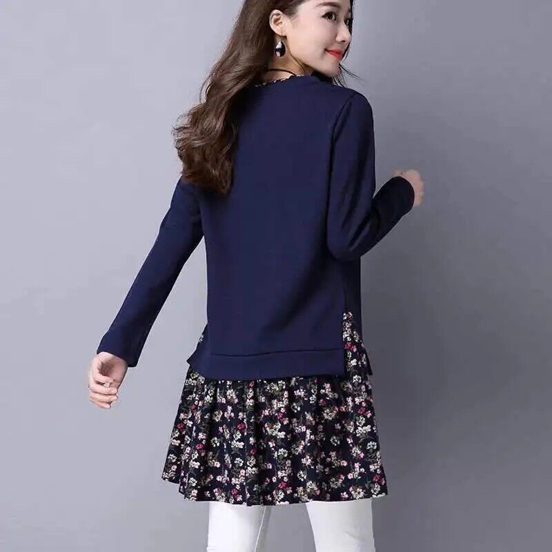 2023 nuova primavera autunno sottile oversize stampa allentata top Casual Patchwork pullover abbigliamento donna temperamento Tshirt Dress